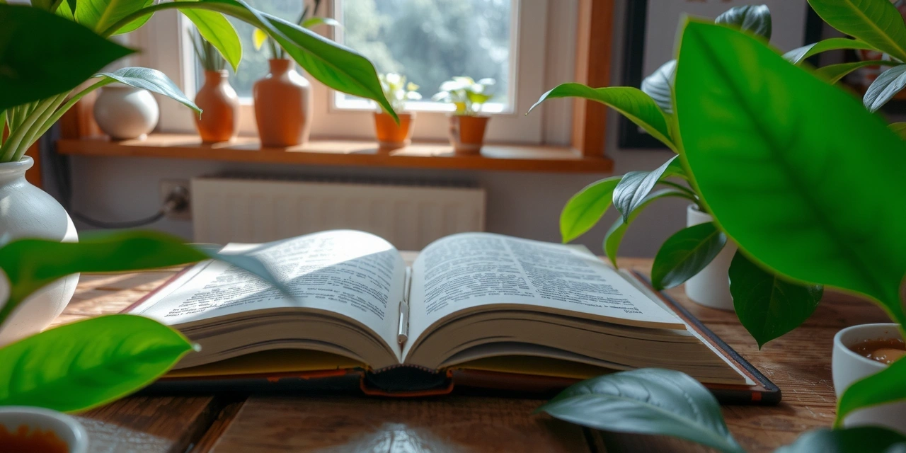 Imagine de fundal cu cărți deschise și plante, simbolizând cunoaștere și natură