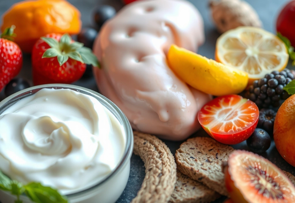 O reprezentare vizuală a bacteriilor benefice într-un mediu intestinal sănătos, cu iaurt și fibre alimentare în prim plan.