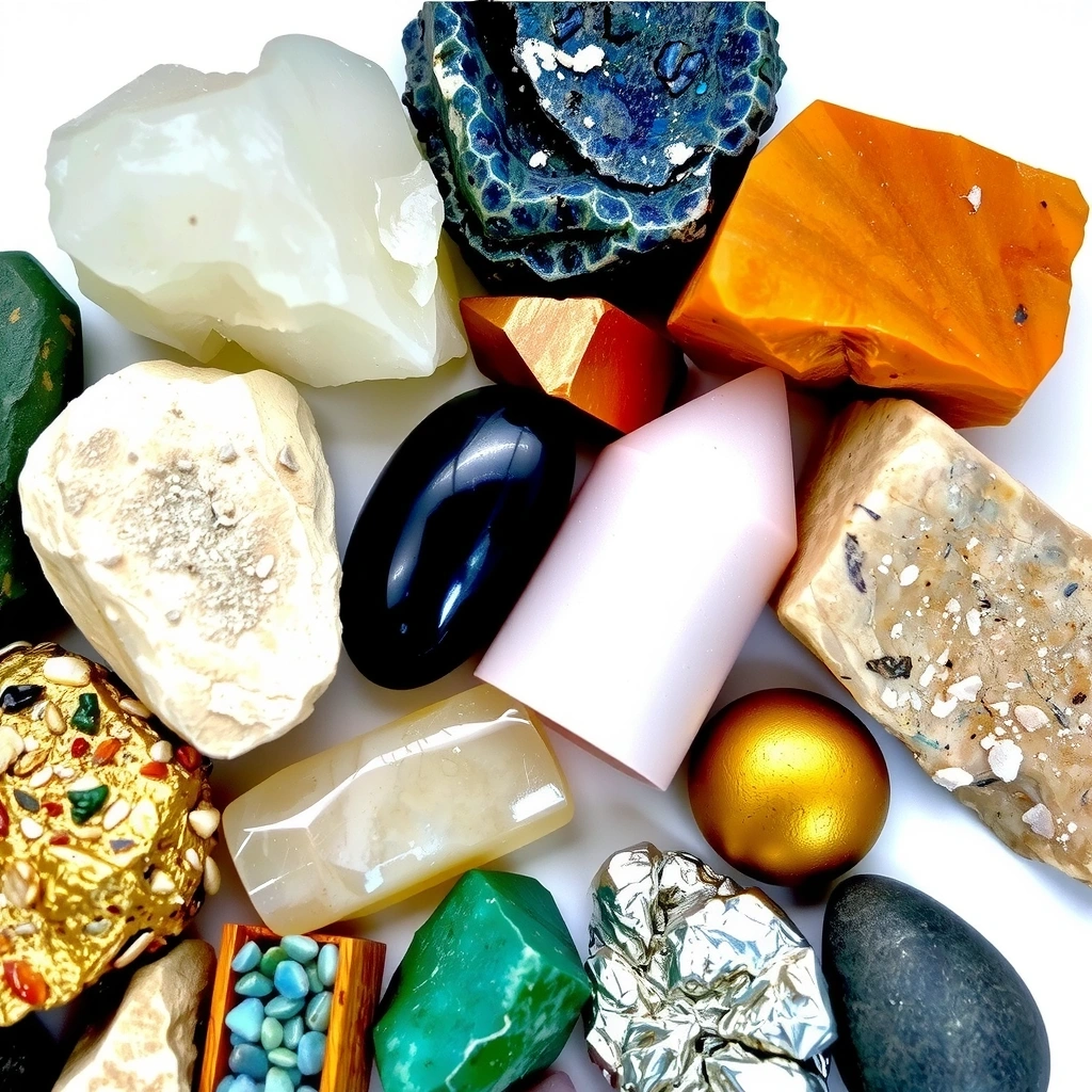 Pietre minerale și elemente naturale, aranjate artistic pentru a simboliza esența mineralelor esențiale.