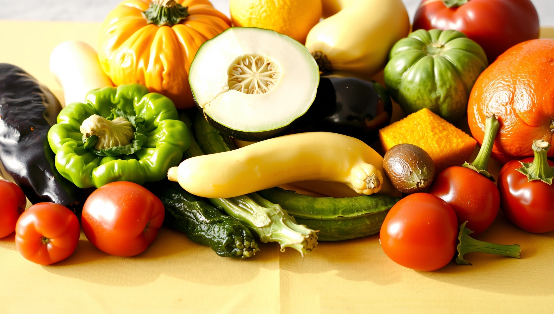 Diverse fructe și legume vibrante aranjate artistic pe un fundal luminos, simbolizând abundența vitaminelor naturale.